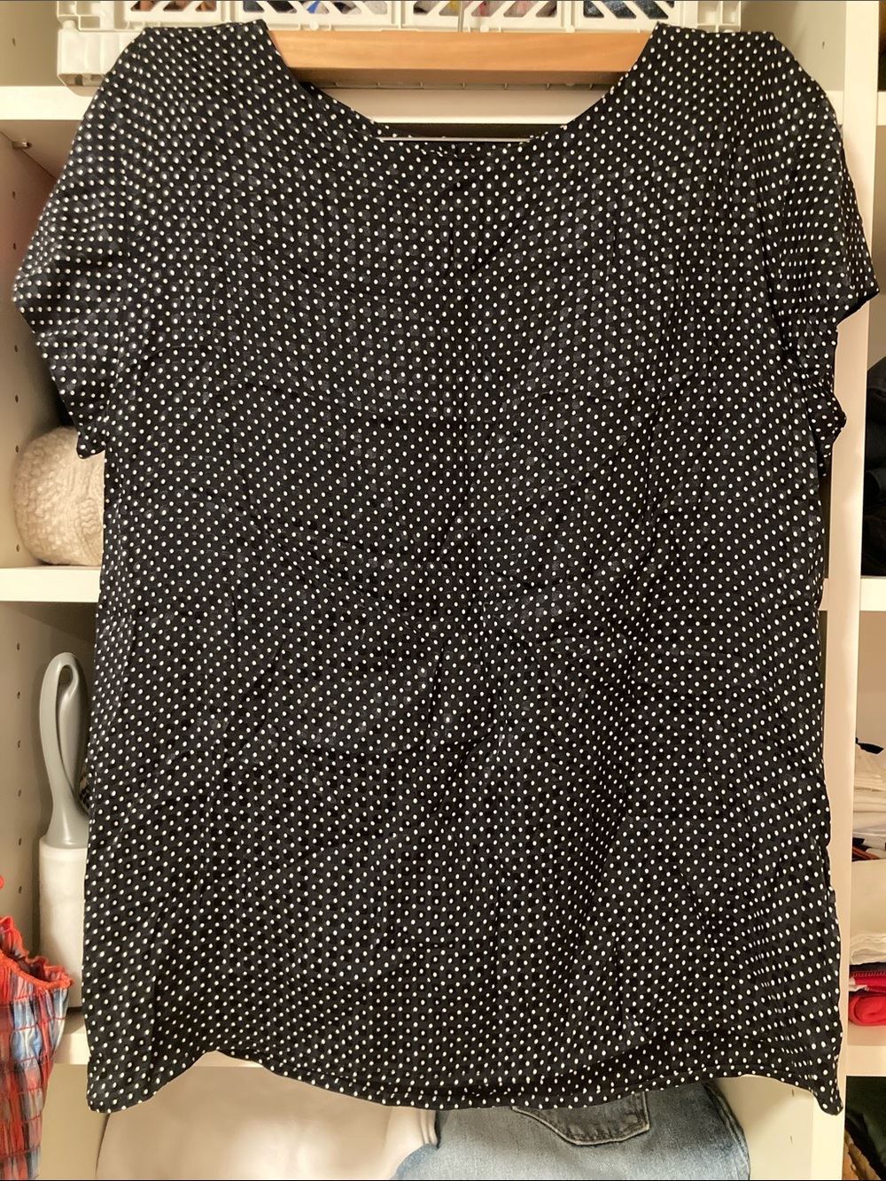 Anne Klein Black Short-Sleeve Button-Down Shirt with White Polka Dots